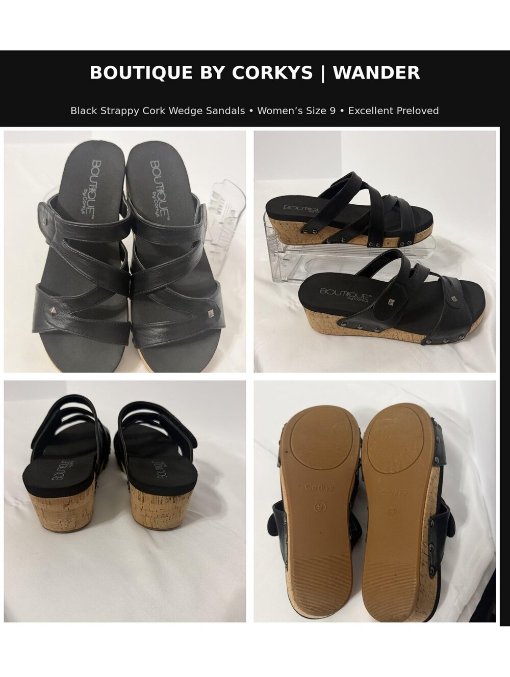 Boutique by Corkys Wander Black Cork Wedge Sandals Size 9